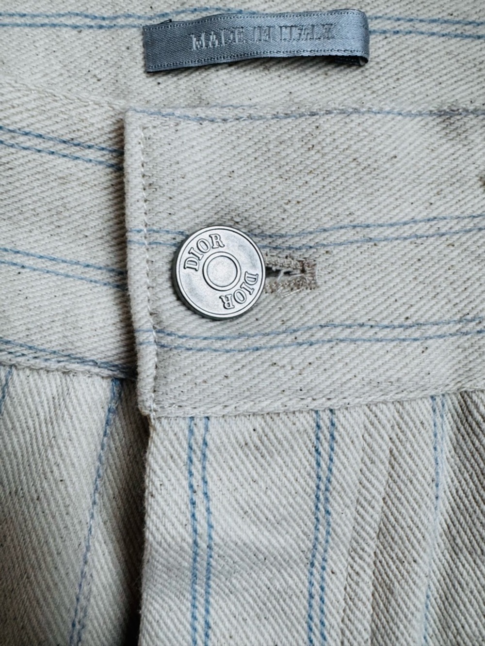 Dior Cream Pants with Blue Pinstripes and Branded Button - Picture 5 of 14